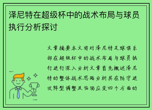泽尼特在超级杯中的战术布局与球员执行分析探讨
