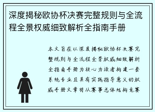 深度揭秘欧协杯决赛完整规则与全流程全景权威细致解析全指南手册